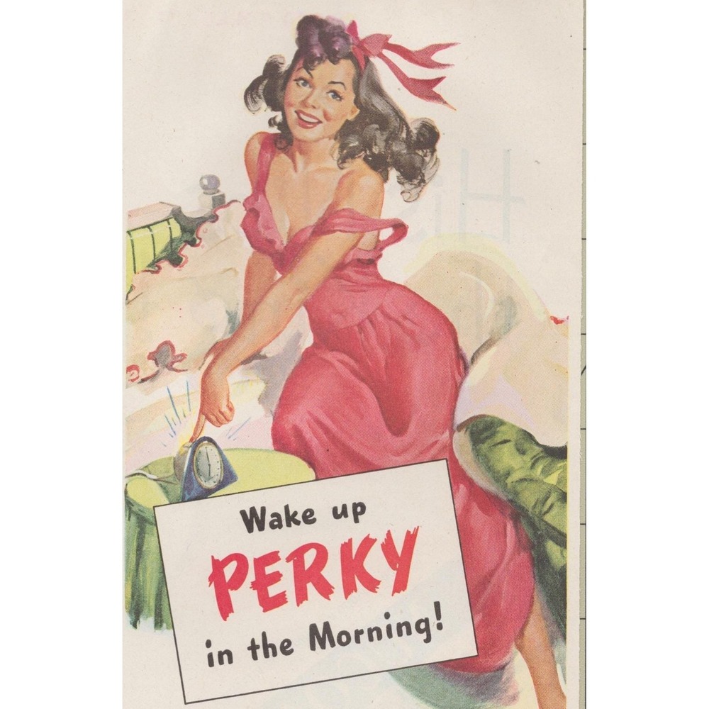 Vintage 1947 Ovaltine Print Ad Pinup Style Woman Pink Pajamas Wake Up Perky